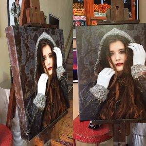 Two photos side by side - one of the side of a hand-stretched cavas gallery wrap and one of the front of the canvas gallery wrap. You can see that the sides of the canvas are nice and thick, indicating high quality. The image on the canvas is a young women with brown hair in front of a textured background