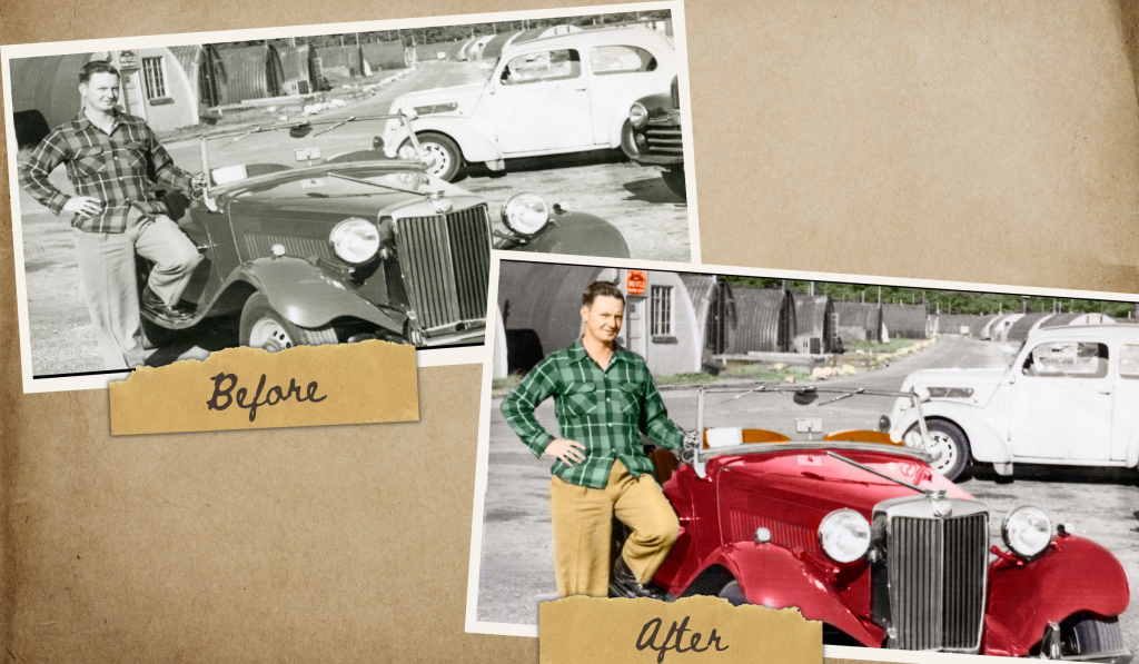 Two photos - One in back and white of a man next to a classic car, and one with the background black and white with the person in color and the car in color (bright red).