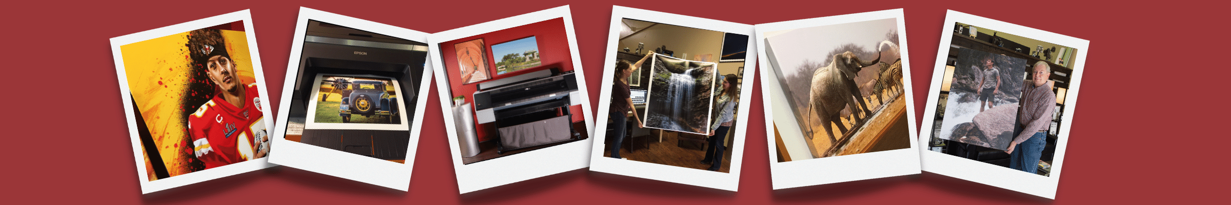 Photo Collage with 6 images - images of art and photography being printed, wrapped in canvas, etc...